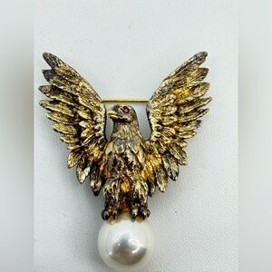 Vintage Ann Hand Liberty Eagle Faux Pearl Ruby Eye Pin Brooch 1.5" Signed 925